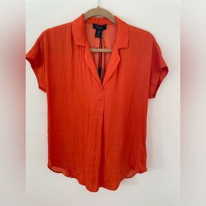 Rachel Roy Blouse XS Orange Satin Popover V Neck Short Sleeve Silky Hi Low Flowy